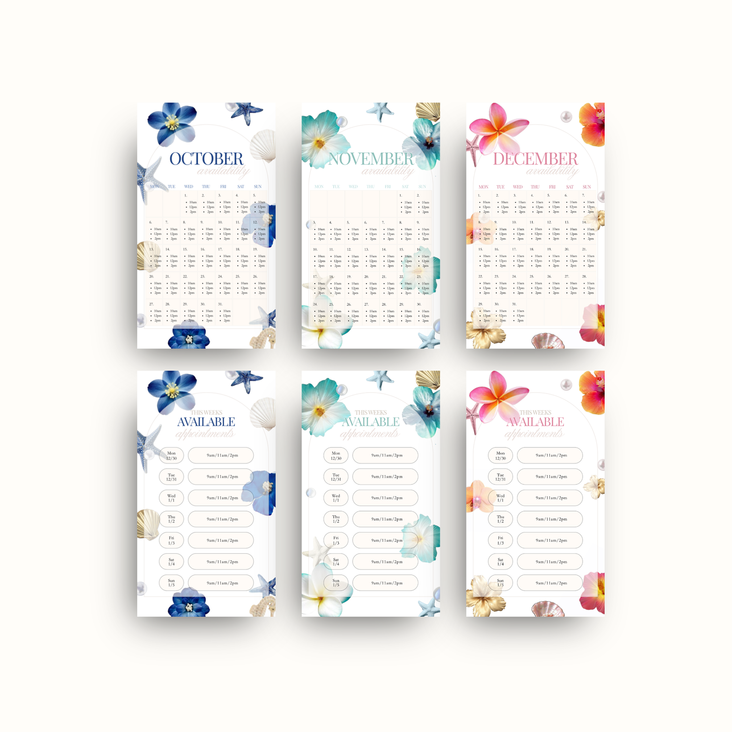 Booking/Availability Calendars + Weekly Templates for IG Story