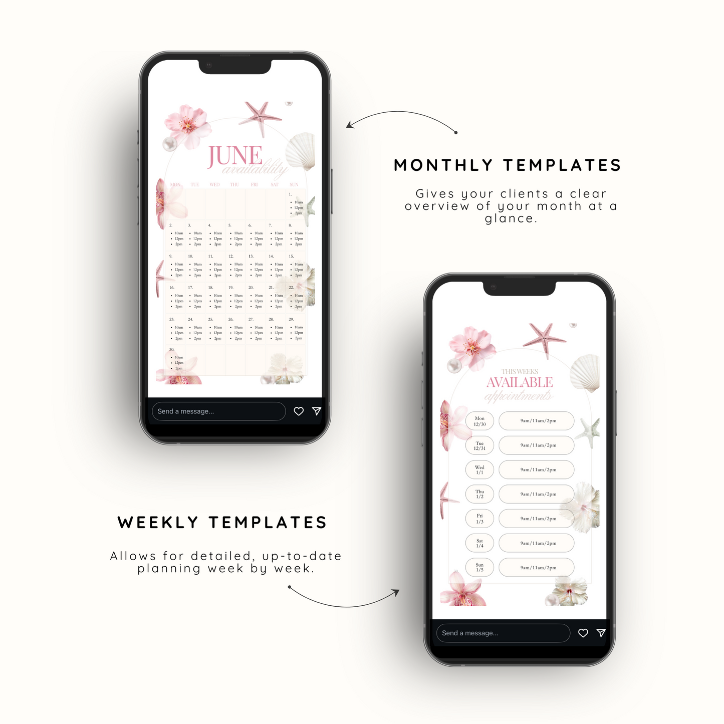 Booking/Availability Calendars + Weekly Templates for IG Story