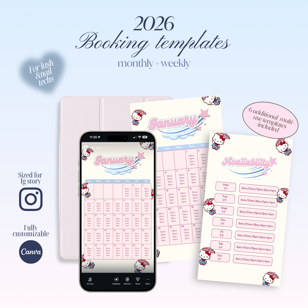 2026 booking templates for monthly and weekly planning with a smartphone displaying an example of the templates.