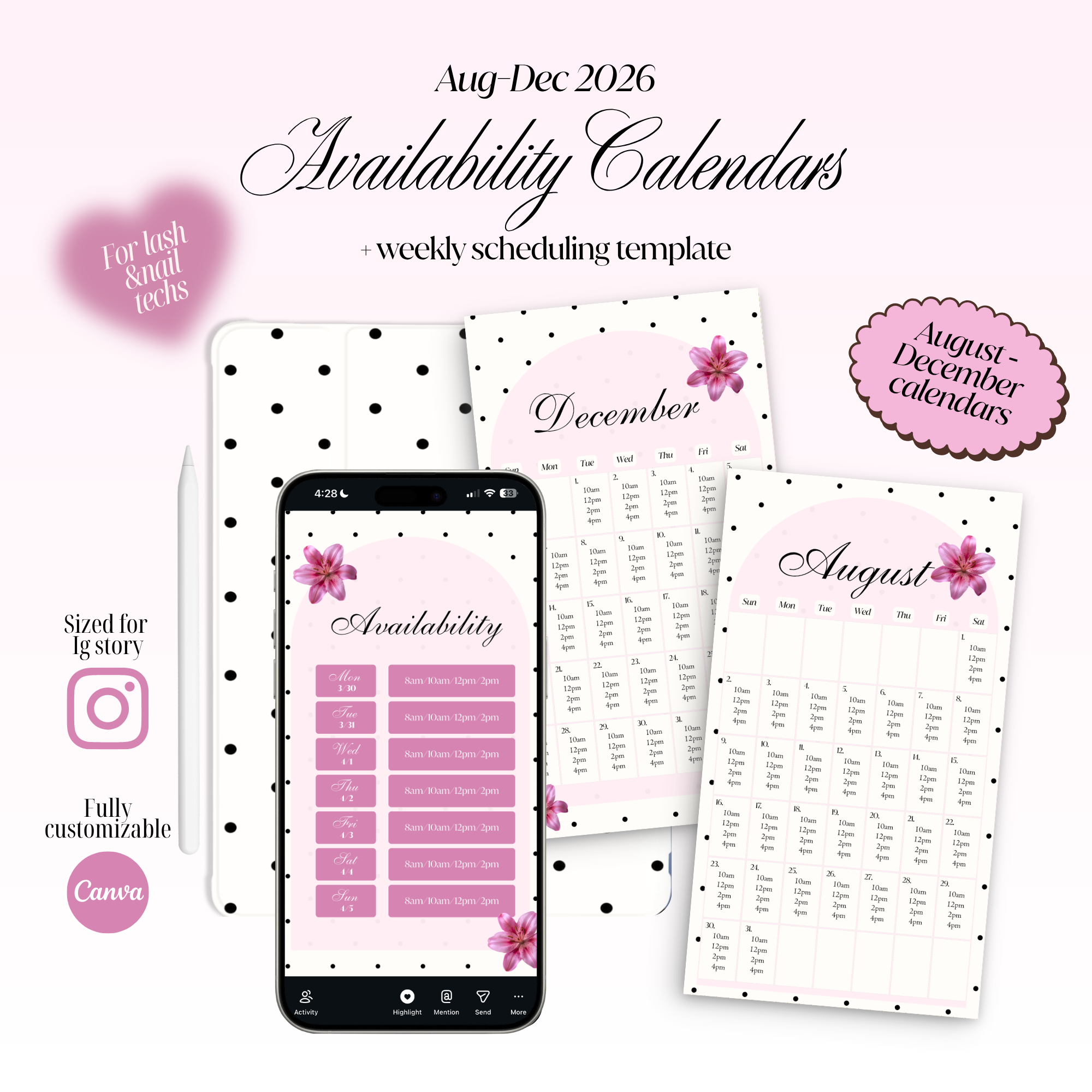 2026 Aug-Dec Availability Templates [Calendars Only]