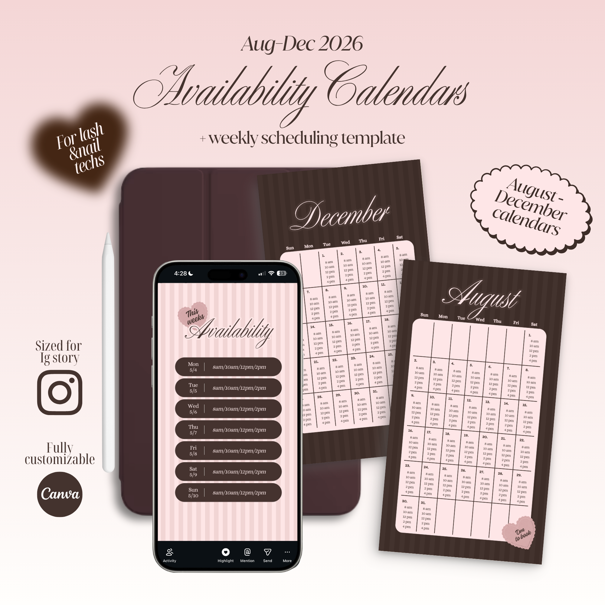 2026 Aug-Dec Availability Templates [Calendars only]