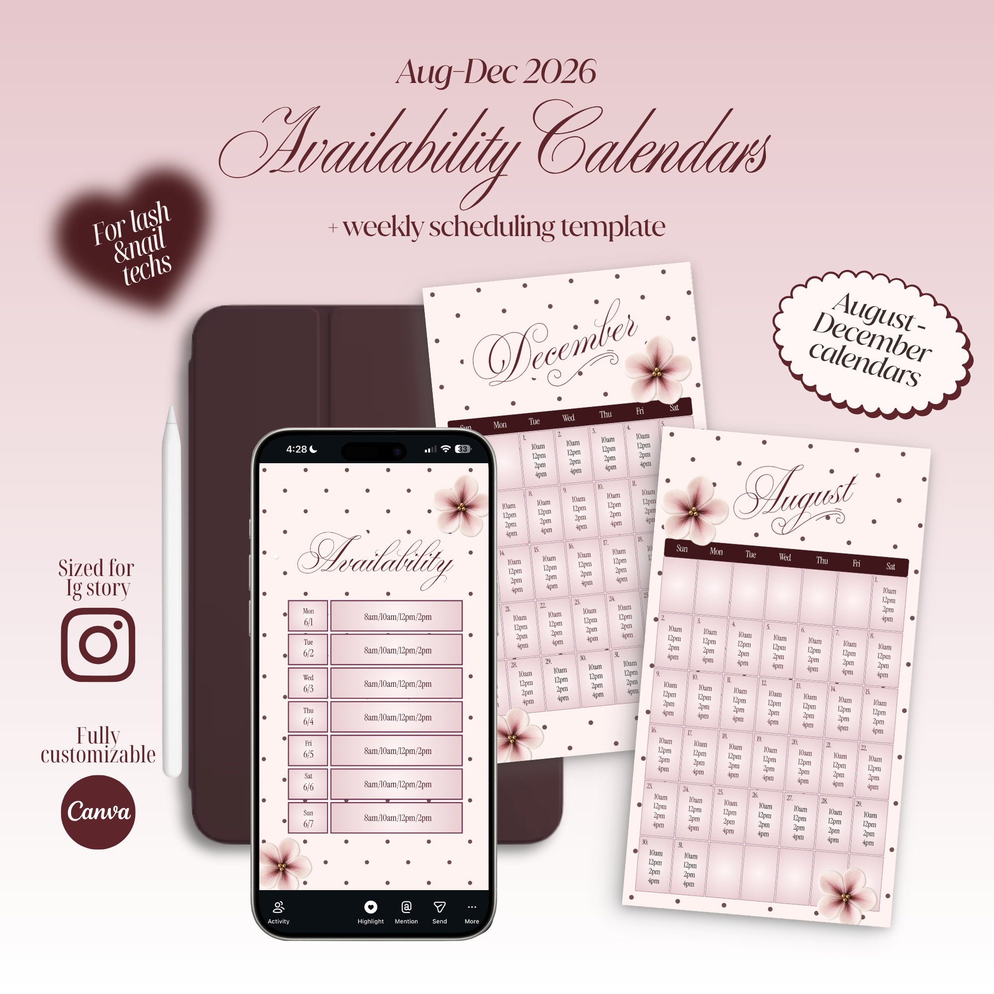 2026 Aug-Dec Availability Templates [Calendars Only]