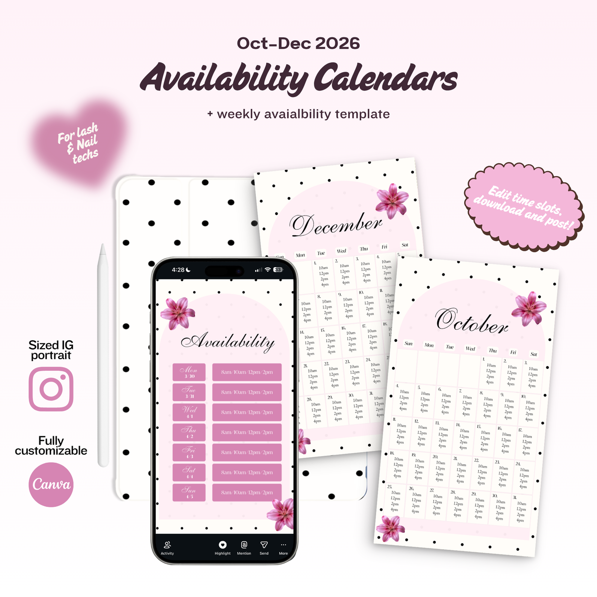 2026 Oct-Dec Availability Templates [Calendars Only]